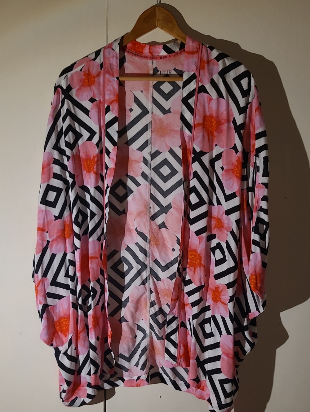 Floral Geometric Open-Front Kimono Cardigan - Pink